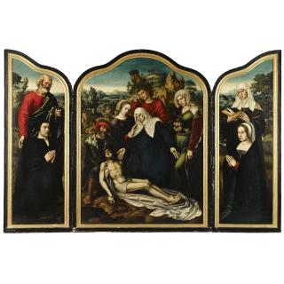 Ambrosius Benson - A Triptych Of The Lamentation Central Panel: The Lamentation Of Christ Inner Wings: Saint Peter And Saint Anne With Donor And Donatrix Outer Wings: The Temptation In The Garden Of Eden