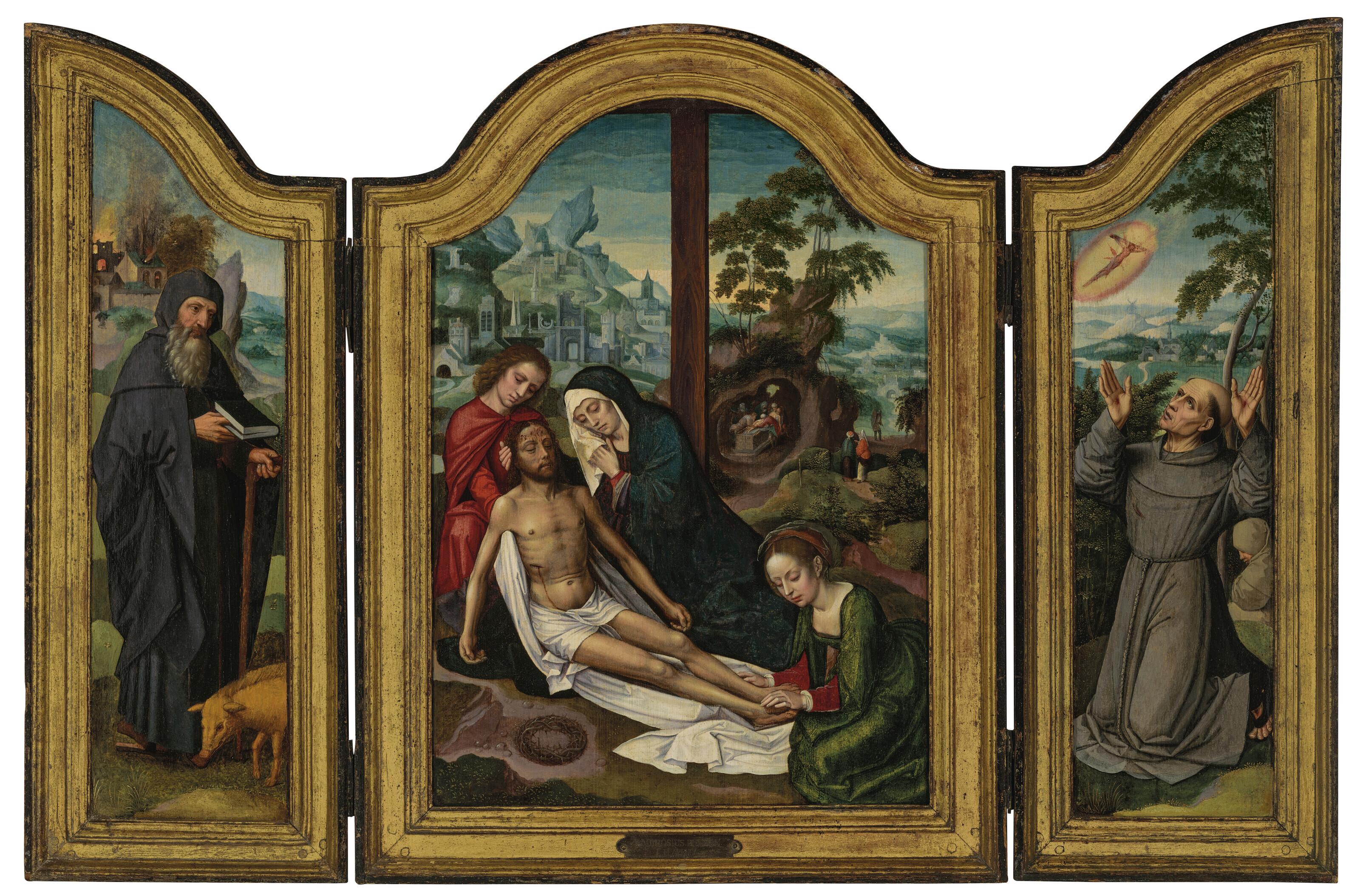 Ambrosius Benson - A Triptych: the central panel: The Lamentation, with The Deposition beyond; the wings: Saint Anthony Abbot, a burning city beyond; and Saint Francis of Assisi receiving the Stigmata
