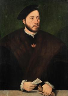 Ambrosius Benson - Portrait of a gentleman, half-length, in fur-trimmed robes, holding a letter