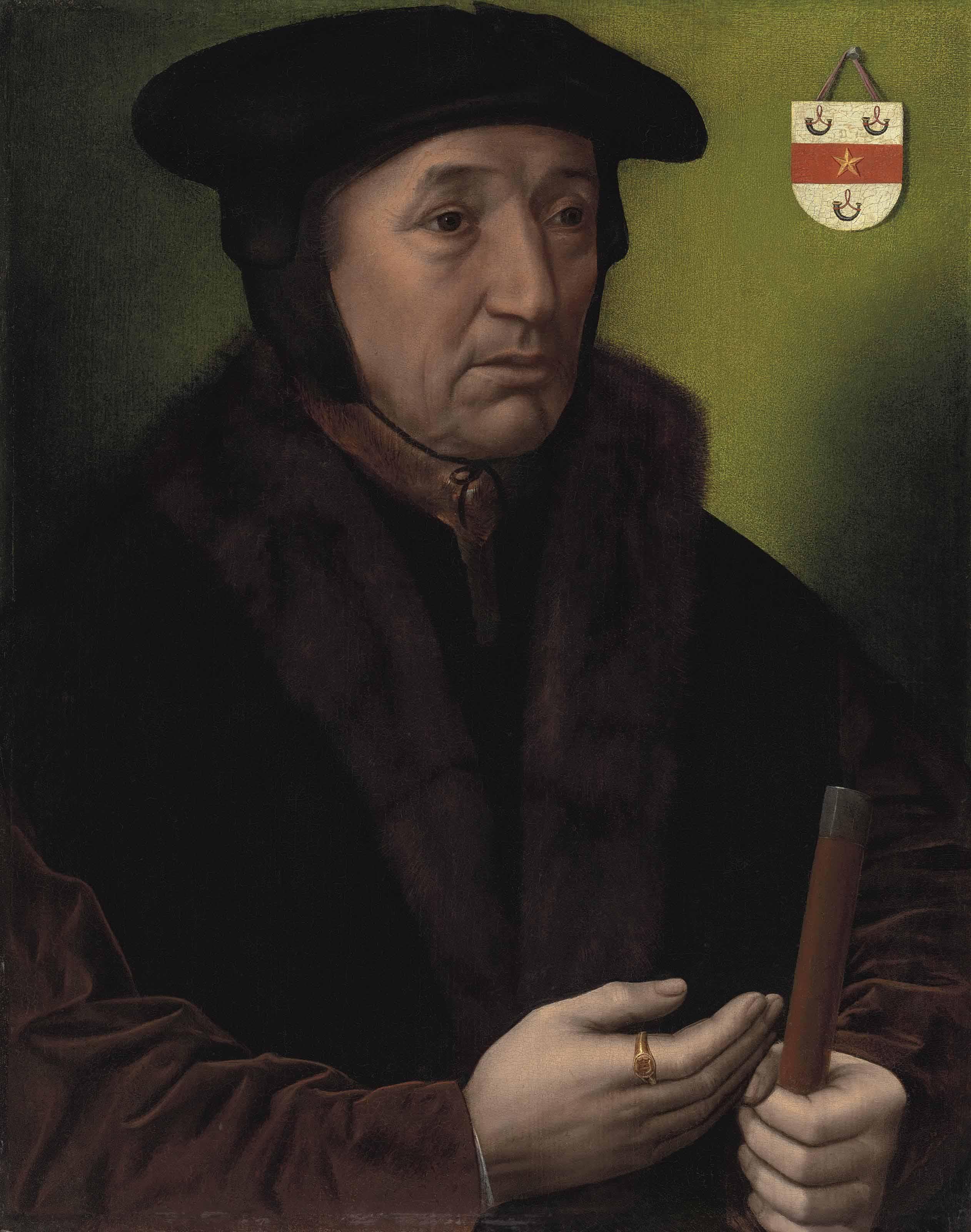 Ambrosius Benson - Portrait Of Jean Wyts, Watergraaf Of Mechelen (D. 1533), Half-Length, In A Cap And Fur-Trimmed Jacket, Holding A Rod Of Office In His Left Hand