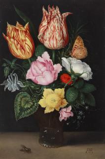 Ambrosius Bosschaert I - A glass beaker with red and white parrot tulips, a white rose with a butterfly, a pink rose, marigold, cyclamen, forget-me-nots and a spring of rosemary, together with a fly on the ledge beneath