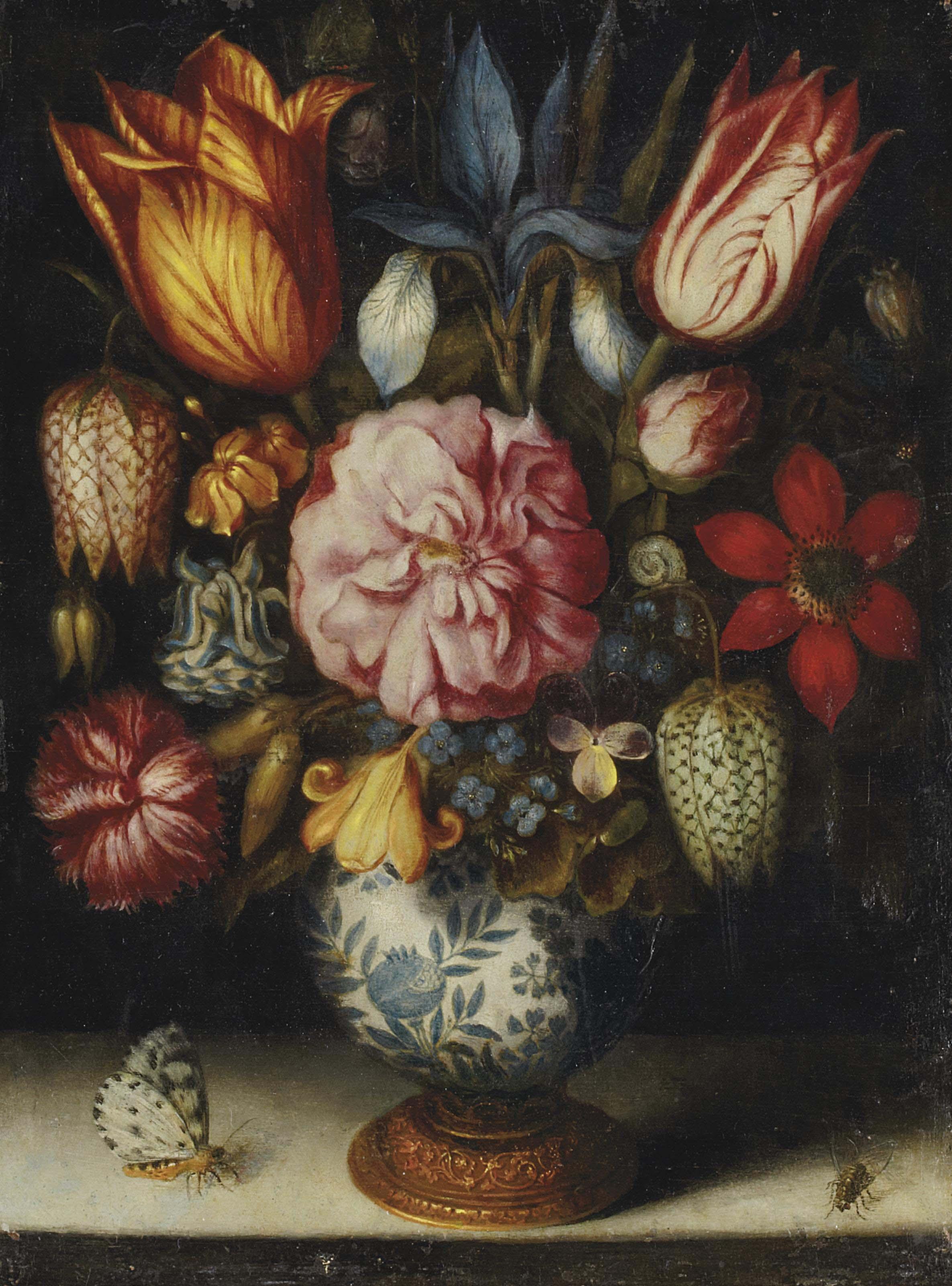 Ambrosius Bosschaert I - Bouquet de tulipes, rose, iris, oeillet et ancolie dans un vase en porcelaine avec un papillon et une mouche sur un entablement en pierre