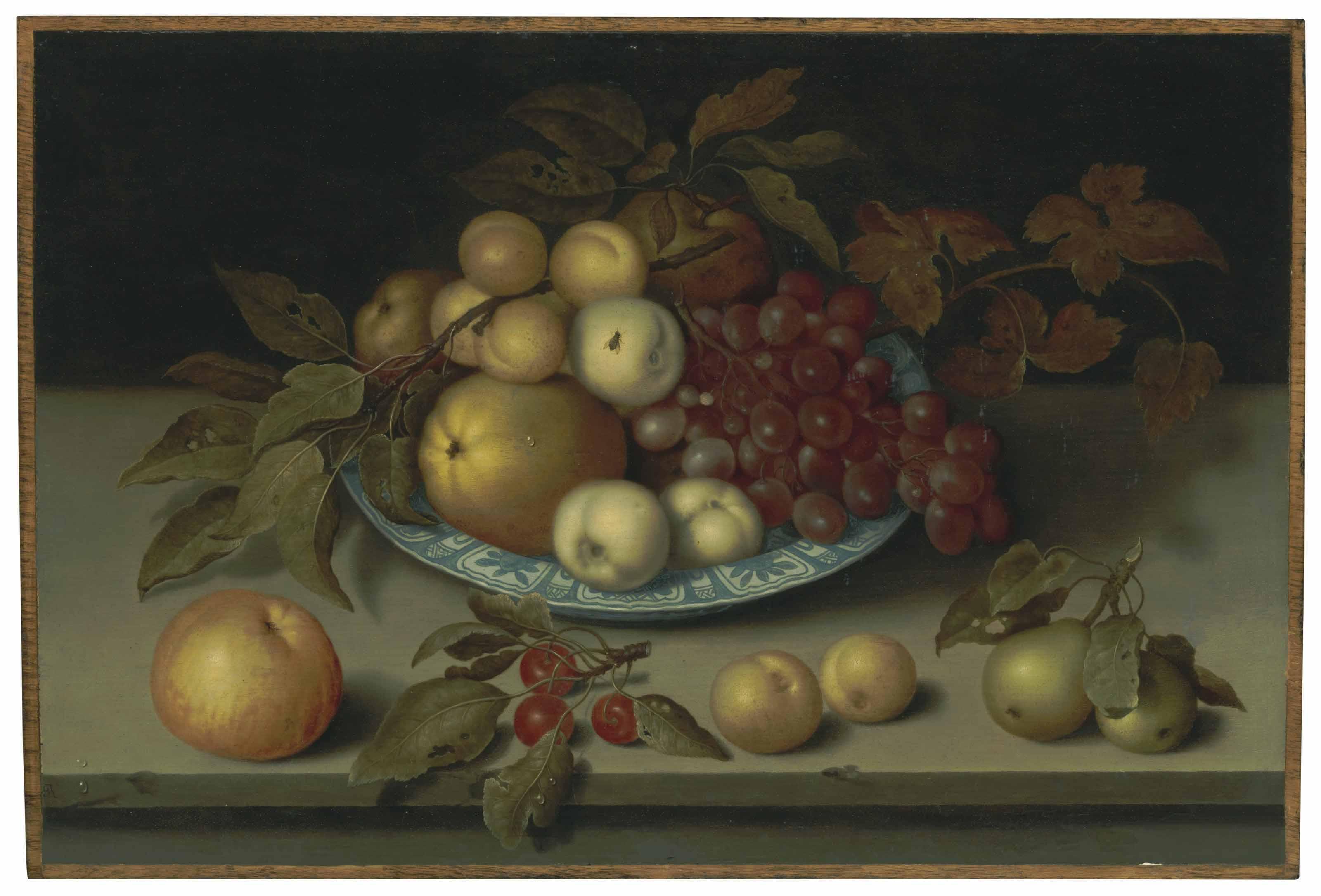Ambrosius Bosschaert I - Peaches, Apples, Apricots And Grapes In A Wan Li Bowl With Cherries, Pears, Apricots And An Apple On A Ledge