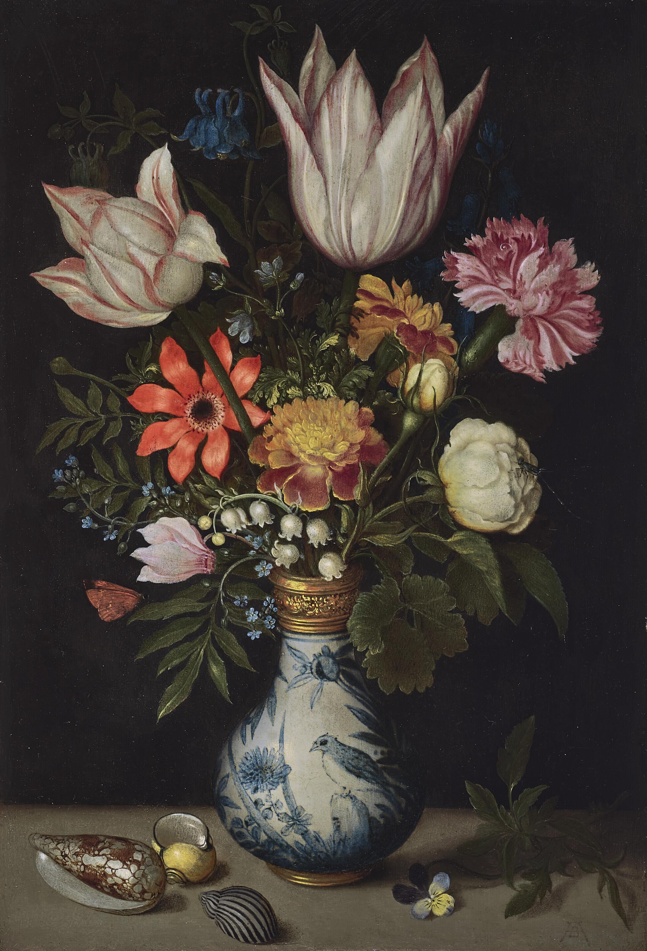 Ambrosius Bosschaert I - Tulips, roses, lilies of the valley, forget-me-nots, cyclamen and other flowers in a Kraak porcelain vase, with shells on a ledge