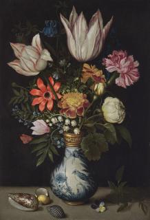 Ambrosius Bosschaert I - Tulips, roses, lilies of the valley, forget-me-nots, cyclamen and other flowers in a Kraak porcelain vase, with shells on a ledge