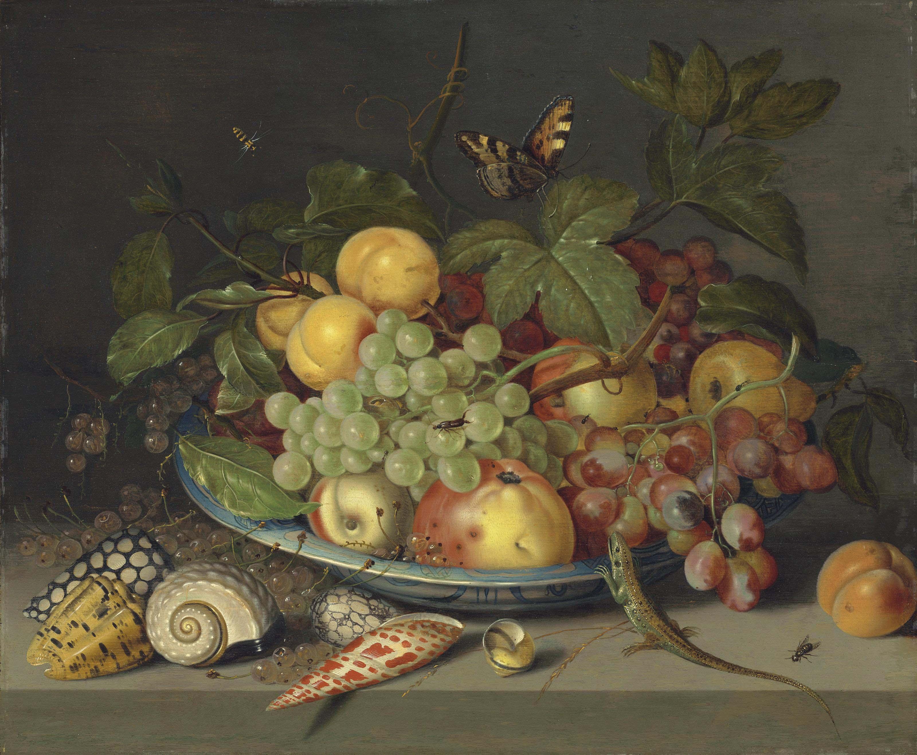 Ambrosius Bosschaert Ii - Fruit in a  Wan-li kraak  dish and shells on a ledge with a lizard