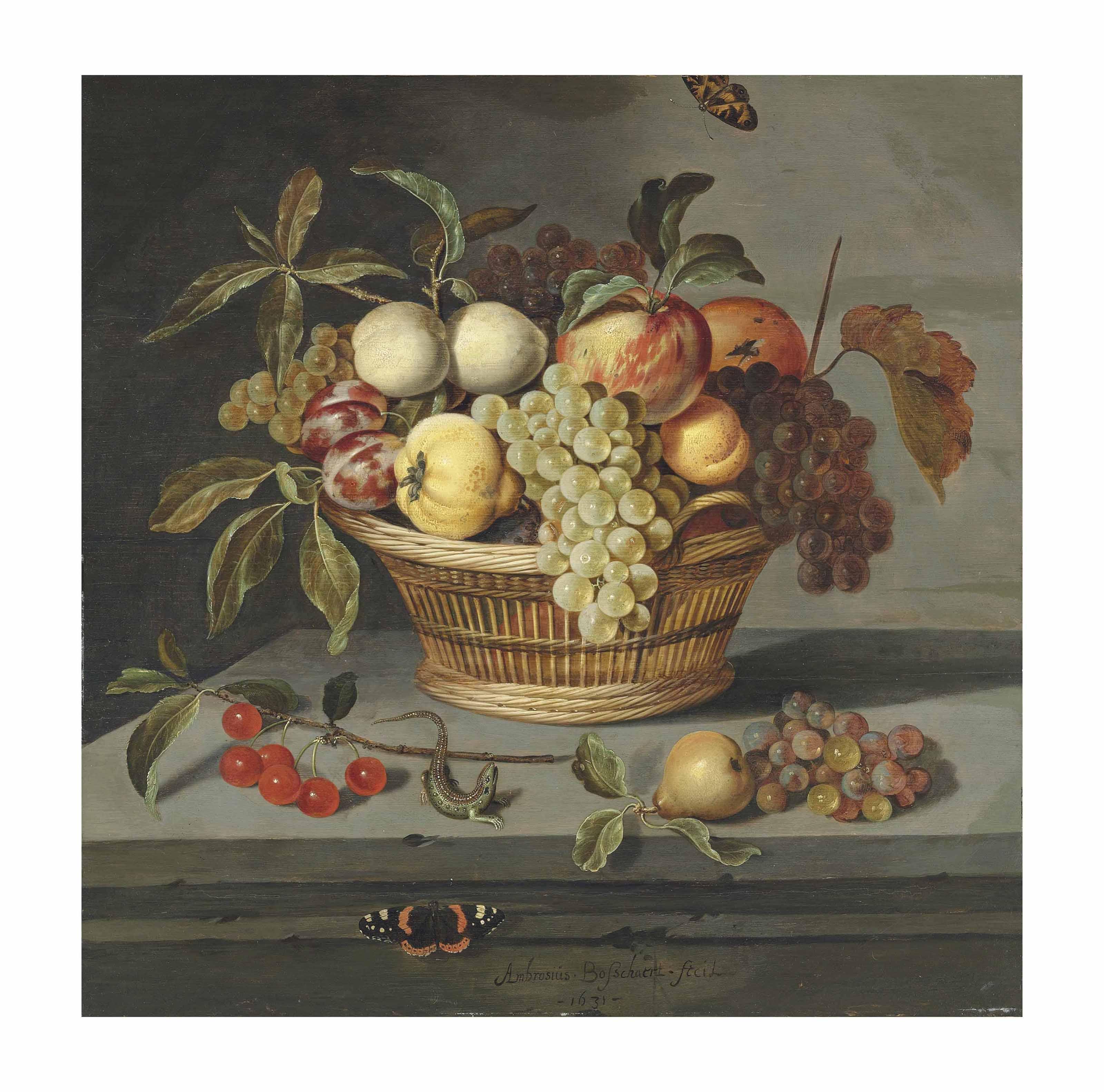 Ambrosius Bosschaert Ii - Fruit in a wicker basket with a lizard and a Red Admiral butterfly on a stone ledge