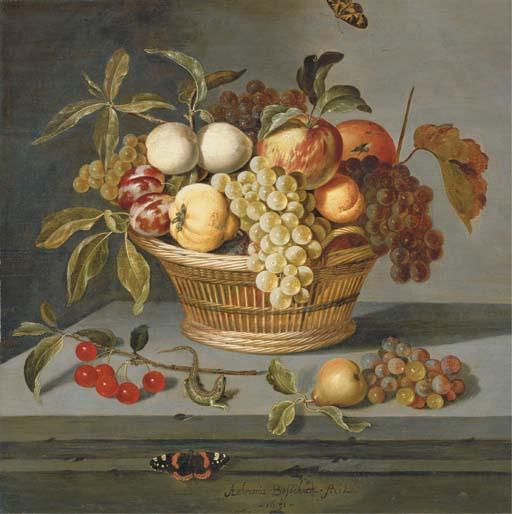 Ambrosius Bosschaert II - Grapes with a pear, an apricot, apples and plums in a wicker basket with a sprig of cherries, a lizard and a Red Admiral butterfly on a stone ledge
