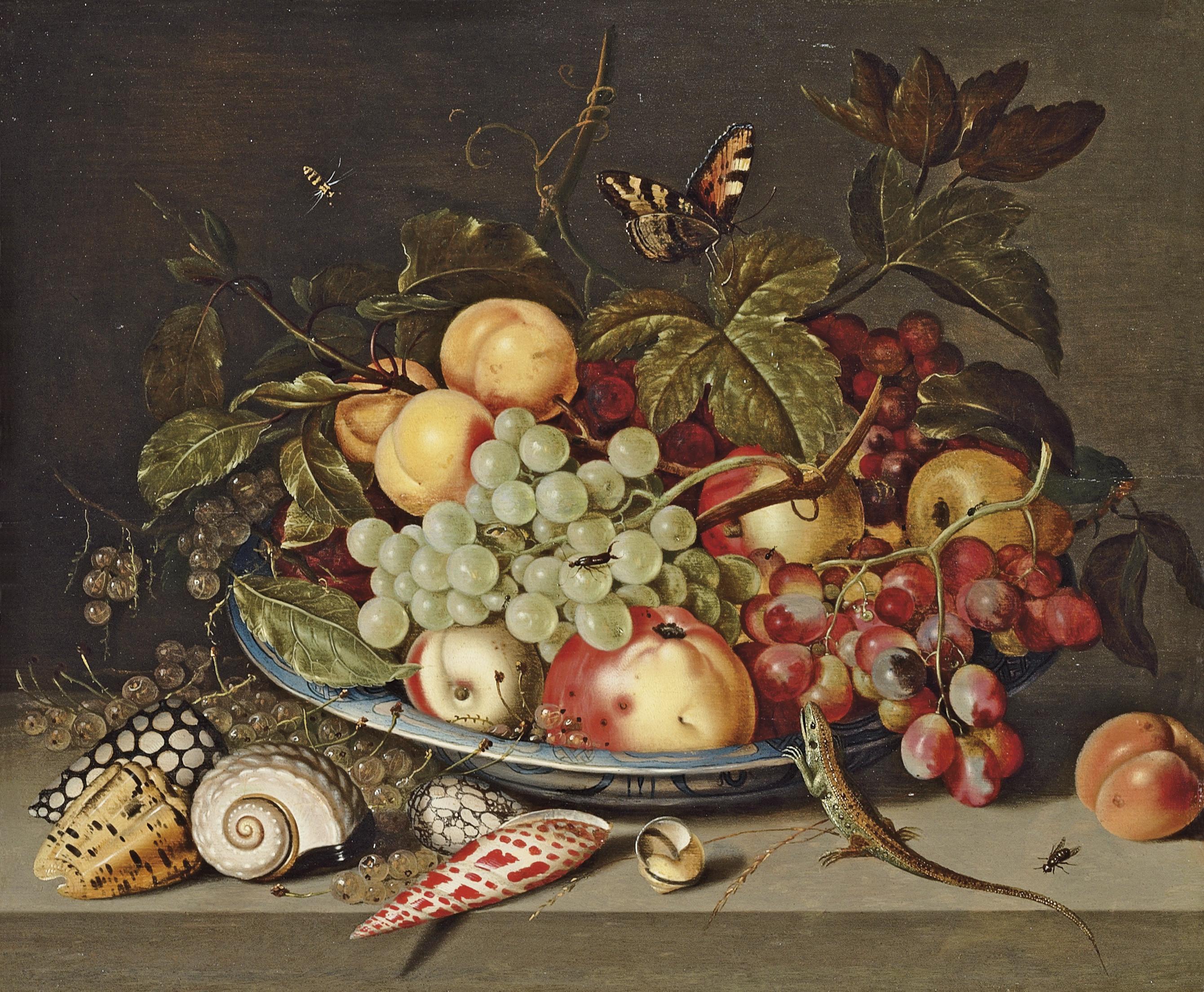 Ambrosius Bosschaert II - Peaches, grapes, a pear, and white currants in a wan-li kraak porcelain dish, with shells, a lizard and a butterfly on a ledge