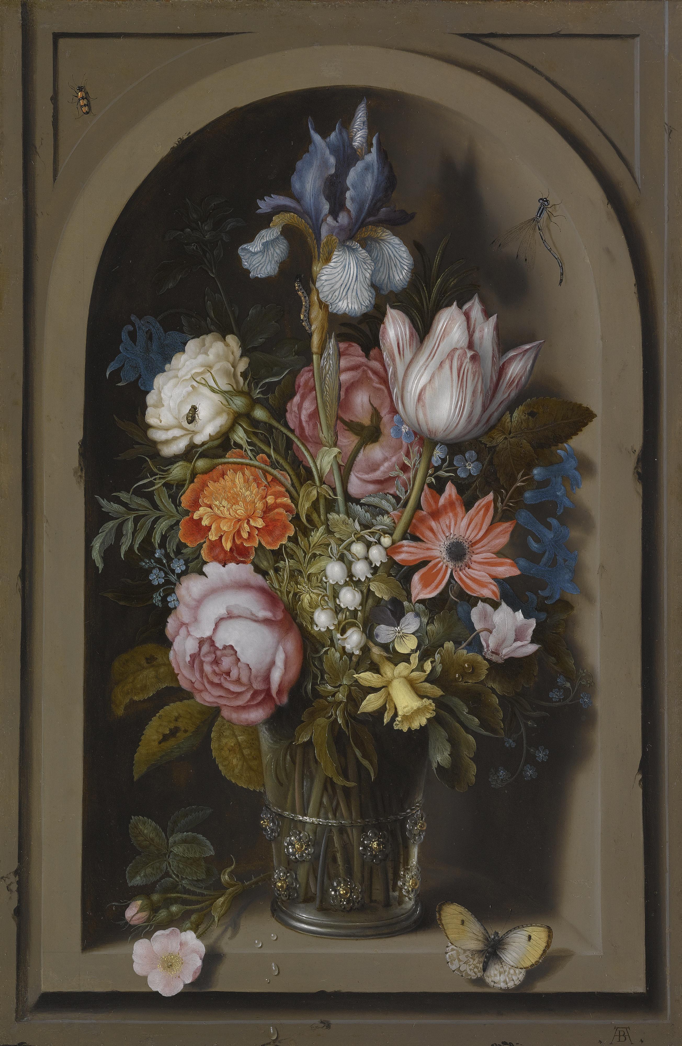 Ambrosius Bosschaert The Elder - A Still Life Of Flowers In A Glass Beaker Set In A Marble Niche