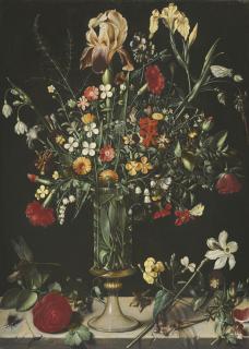Ambrosius Bosschaert The Elder - A Still Life Of Flowers, Including Irises, Narcissi, Lily-Of-The-Valley And Carnations, In A Tall Glass Vase Set On A Stone Ledge