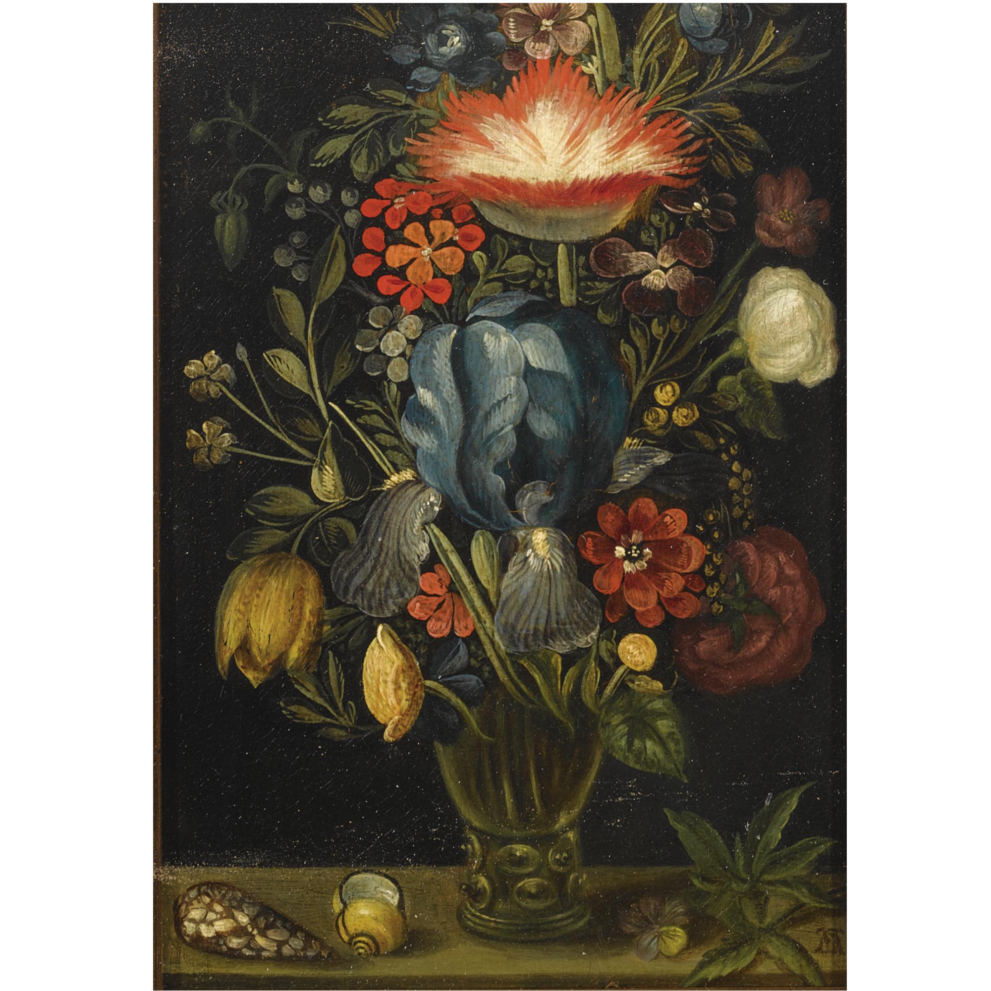 Ambrosius Bosschaert the Elder - A Still Life With Various Flowers In A Roemer Together With Shells And A Violet On A Ledge