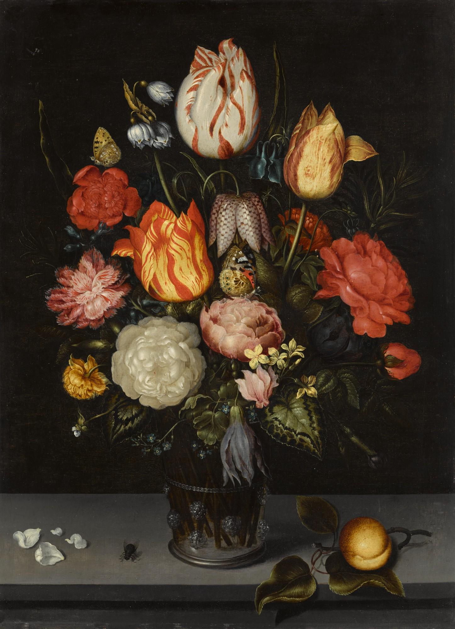 Ambrosius Bosschaert the Elder - Floral still life including tulips and roses, in a glass beaker upon a stone ledge