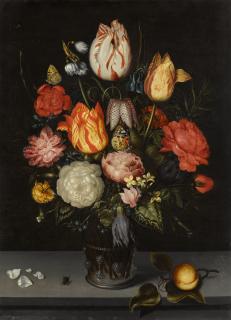 Ambrosius Bosschaert the Elder - Floral still life including tulips and roses, in a glass beaker upon a stone ledge