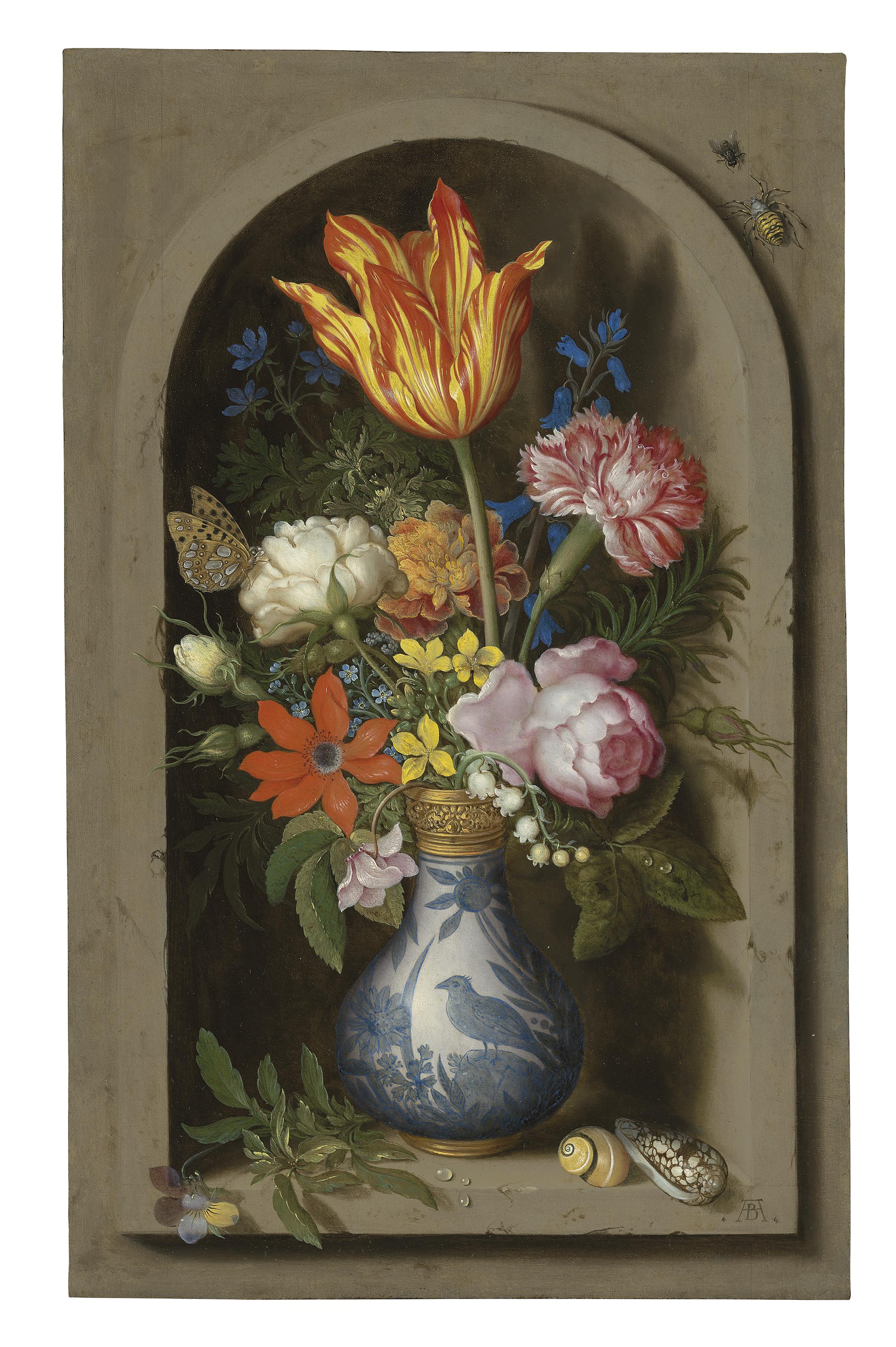 Ambrosius Bosschaert, The Elder - Flowers in a Wan-li gilt-mounted vase in a niche with shells and insects