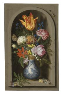 Ambrosius Bosschaert, The Elder - Flowers in a Wan-li gilt-mounted vase in a niche with shells and insects