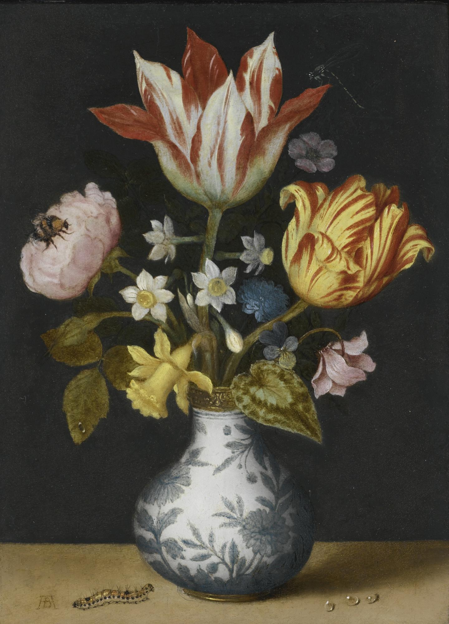 Ambrosius Bosschaert The Elder - Still Life Of Flowers In A Wan-Li Vase, Including Tulips, Narcissi, A Sweet-Briar, Liver-Leaf, Cyclamen, Wild Pansy And A Rose, With A Dragonfly, Bumblebee And Caterpillar