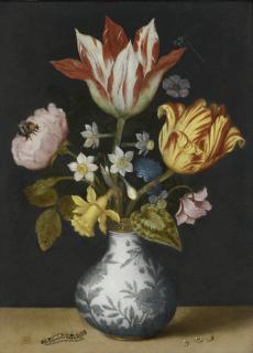 Ambrosius Bosschaert The Elder - Still Life Of Flowers In A Wan-Li Vase, Including Tulips, Narcissi, A Sweet-Briar, Liver-Leaf, Cyclamen, Wild Pansy And A Rose, With A Dragonfly, Bumblebee And Caterpillar