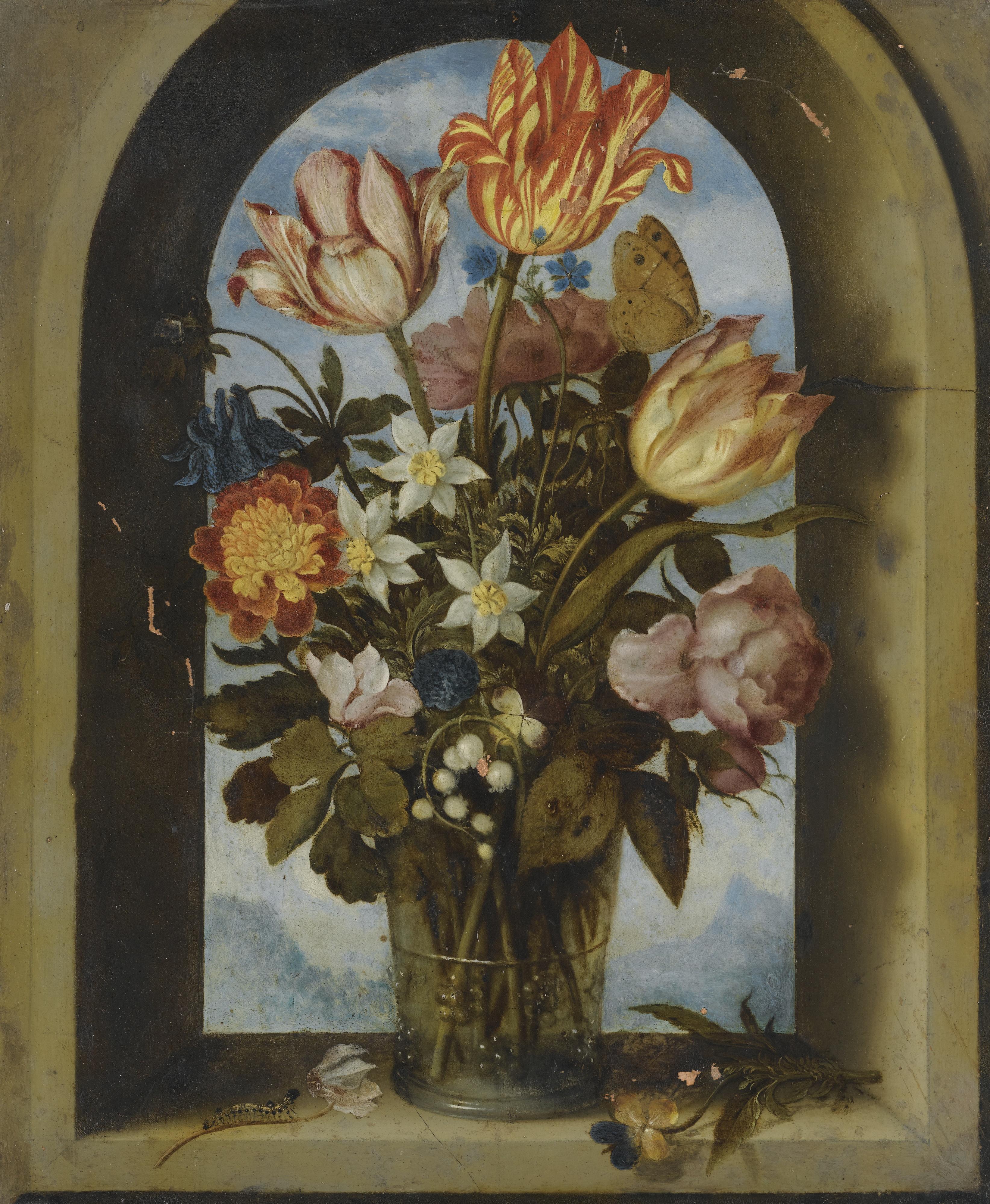 Ambrosius Bosschaert The Elder - Still Life Of Tulips, Moss-Roses, Lily-Of-The-Valley And Other Flowers In A Glass Beaker Set In An Arched Stone Window Opening, With A Distant Landscape Beyond