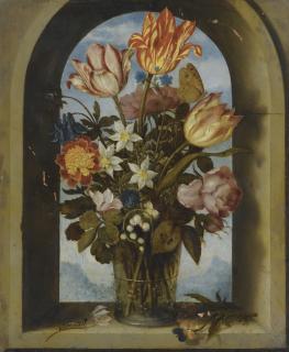 Ambrosius Bosschaert The Elder - Still Life Of Tulips, Moss-Roses, Lily-Of-The-Valley And Other Flowers In A Glass Beaker Set In An Arched Stone Window Opening, With A Distant Landscape Beyond