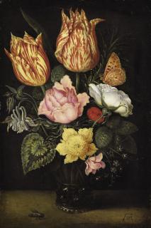Ambrosius Bosschaert The Elder - Still Life Of Tulips, Wild Roses, Cyclamen, Yellow Ranunculus, Forget-Me-Not And Other Flowers, In A Glass Beaker