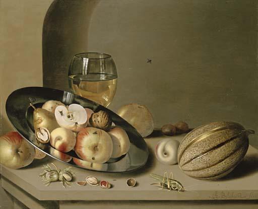 Ambrosius Bosschaert The Younger - Apples, pears, peaches and walnuts on a pewter plate with fruit, a roemer, a melon, chestnuts and a grasshopper on a stone ledge in a niche