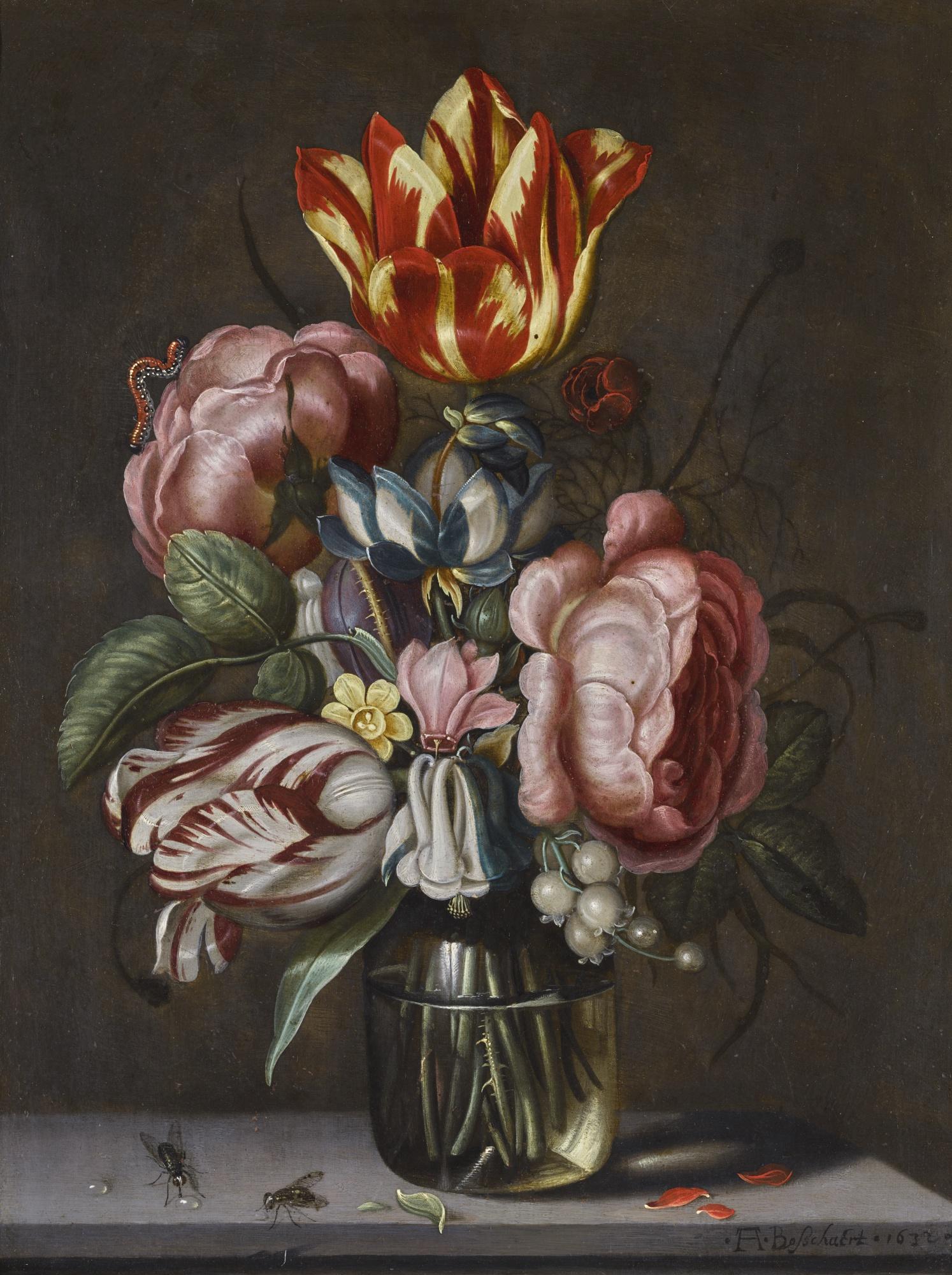 Ambrosius Bosschaert The Younger - Still Life With Tulips And Roses In A Glass Vase
