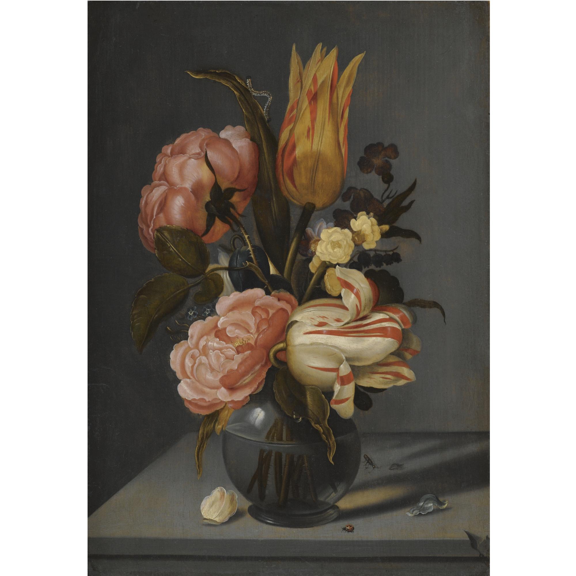 Ambrosius Bosschaert The Younger - Still Life With Tulips, Roses, Marigolds And Other Flowers In A Glass Vase With A Ladybird And A Caterpillar, All On A Ledge