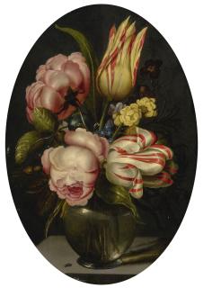 Ambrosius Bosschaert The Younger - Still Life With Variegated Tulips, Roses, And Other Flowers In A Glass Vase, With A Fly, All On A Ledge