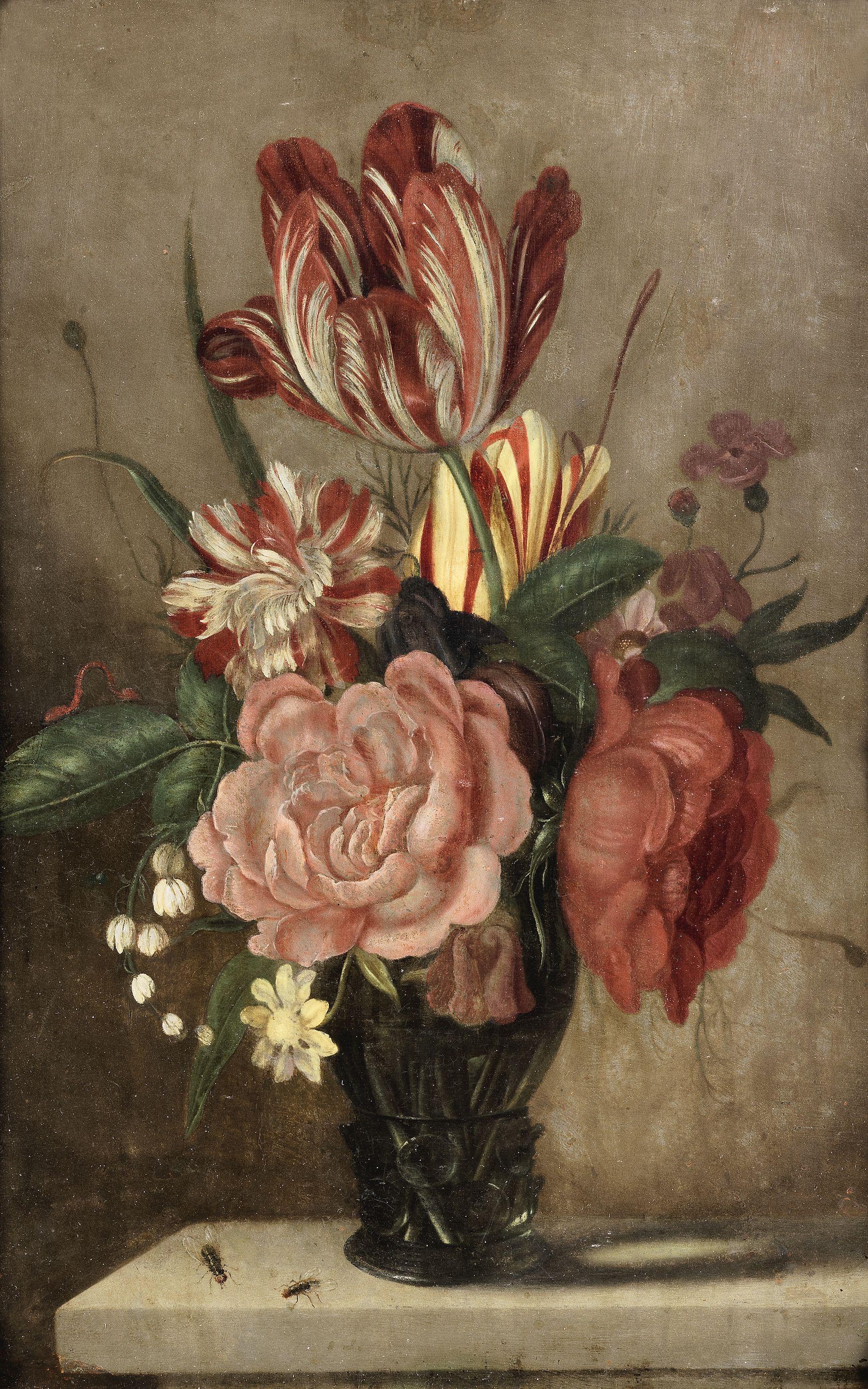 Ambrosius Bosschaert The Younger - Tulips, roses, lily of the valley and other flowers in a glass vase on a stone ledge