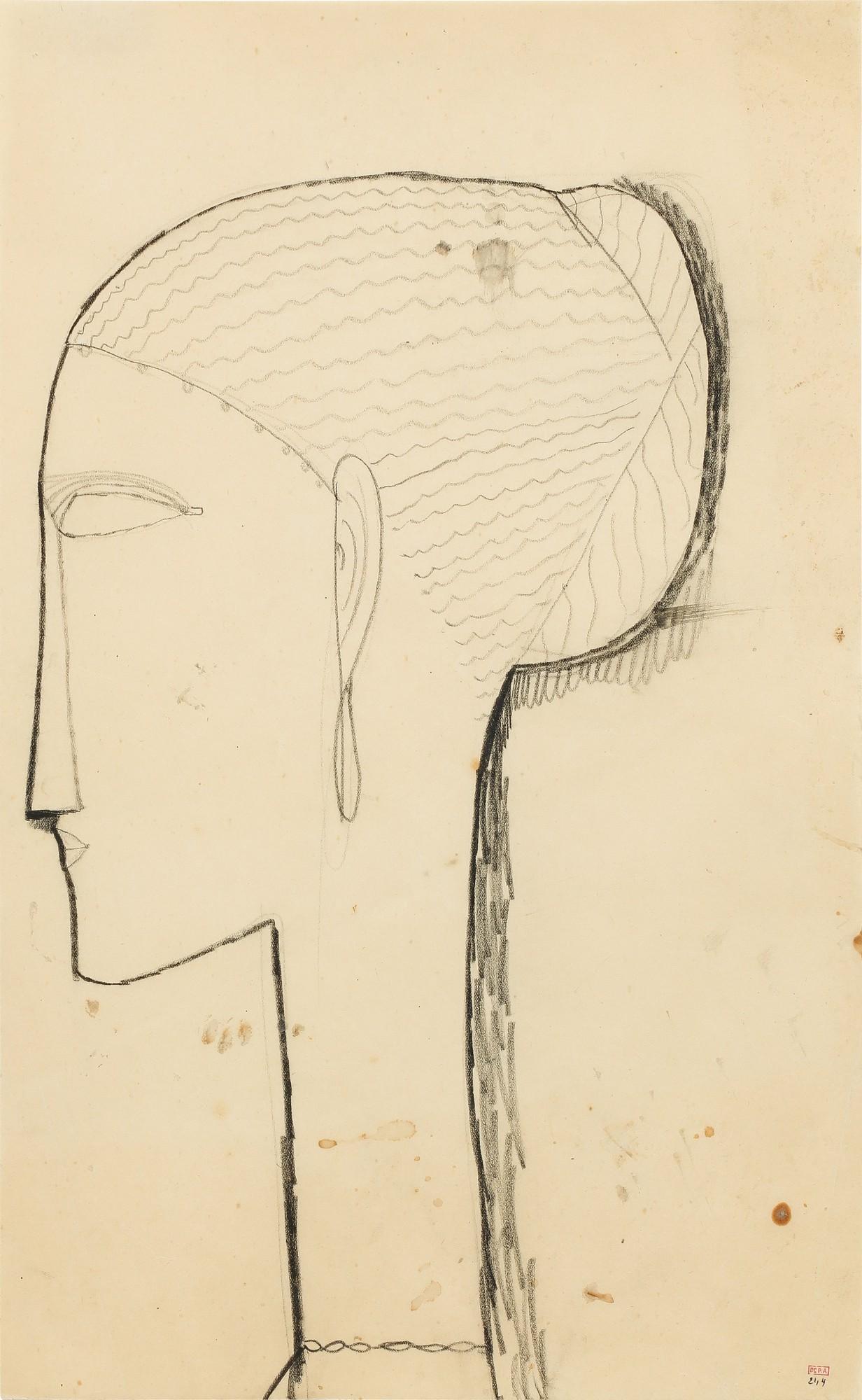 Amedeo Modigliani - Tête de profil gauche avec chignon, boucle d\'oreille et collier