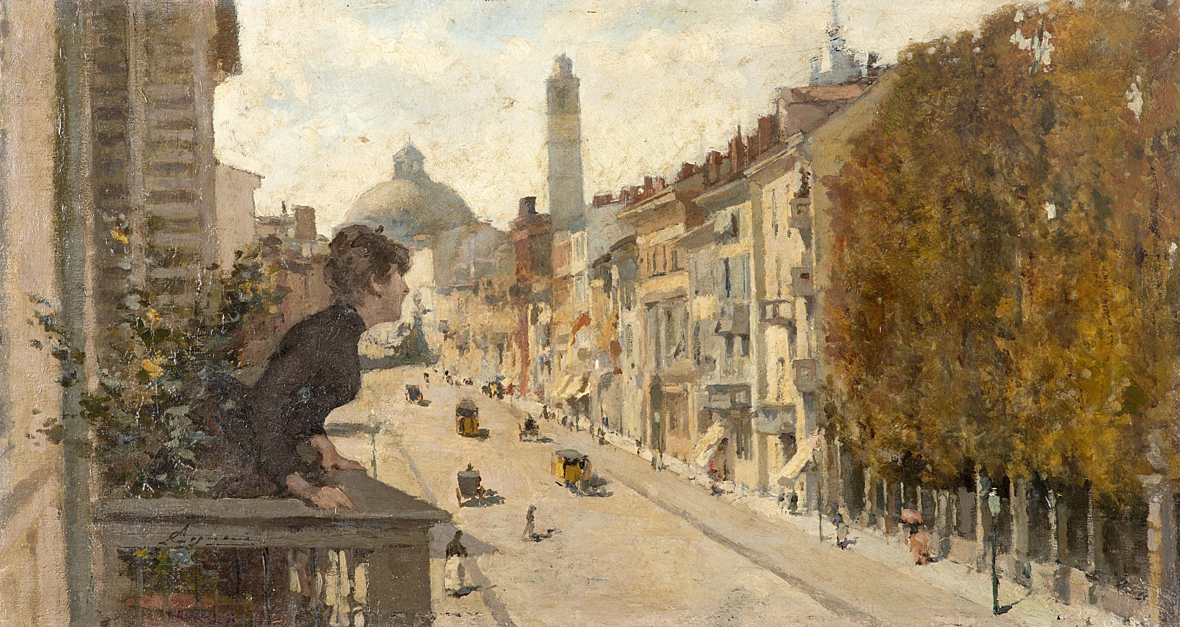 Amerino Cagnoni - Vista sul corso con la chiesa di San Carlo Borromeo a Milano sullo sfondo