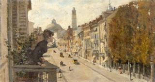 Amerino Cagnoni - Vista sul corso con la chiesa di San Carlo Borromeo a Milano sullo sfondo