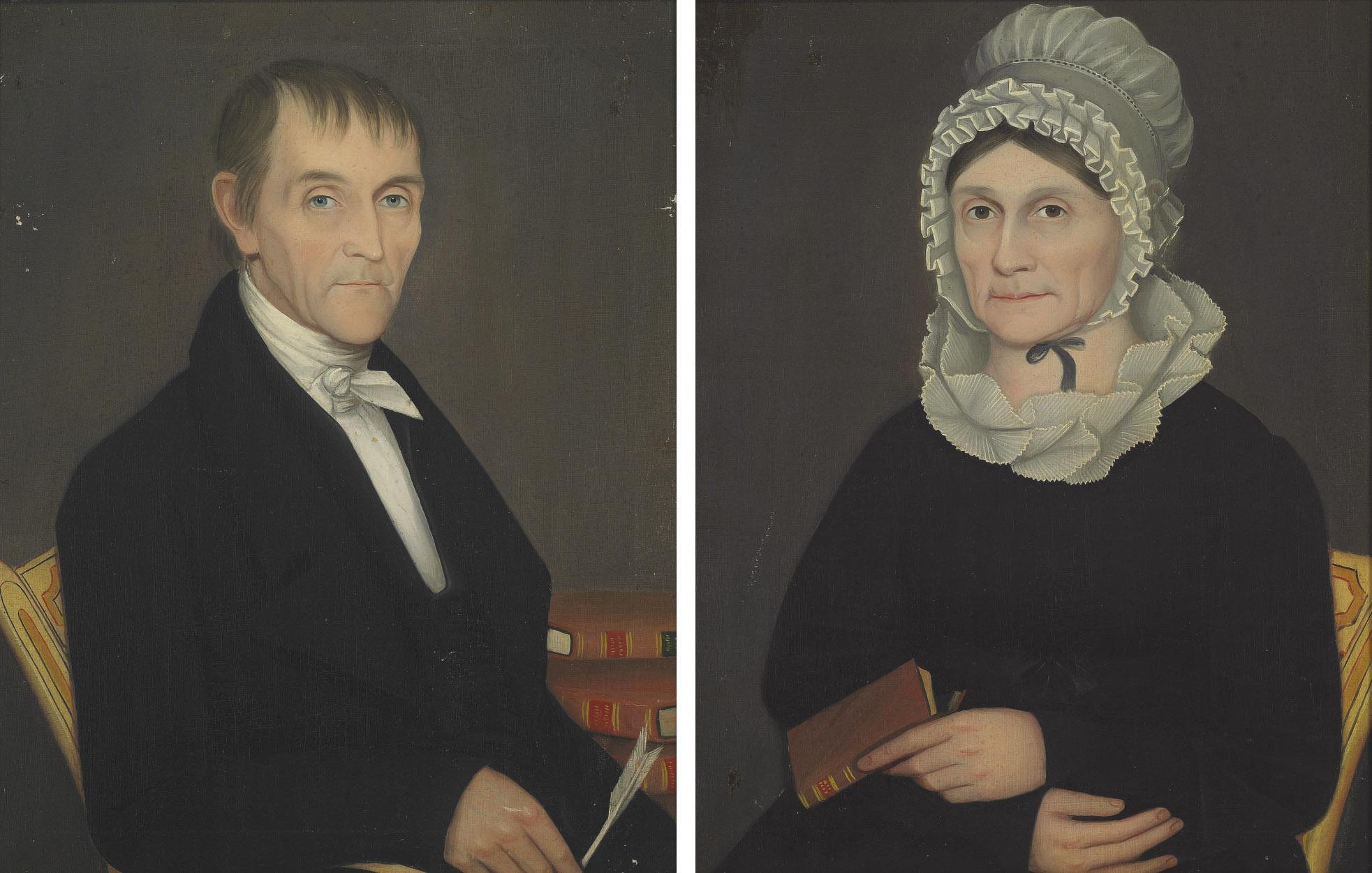 Ammi Phillips - A Pair of Portraits of Mr. William Shuneman and Mrs. Eliza Demyer Shuneman, circa 1819