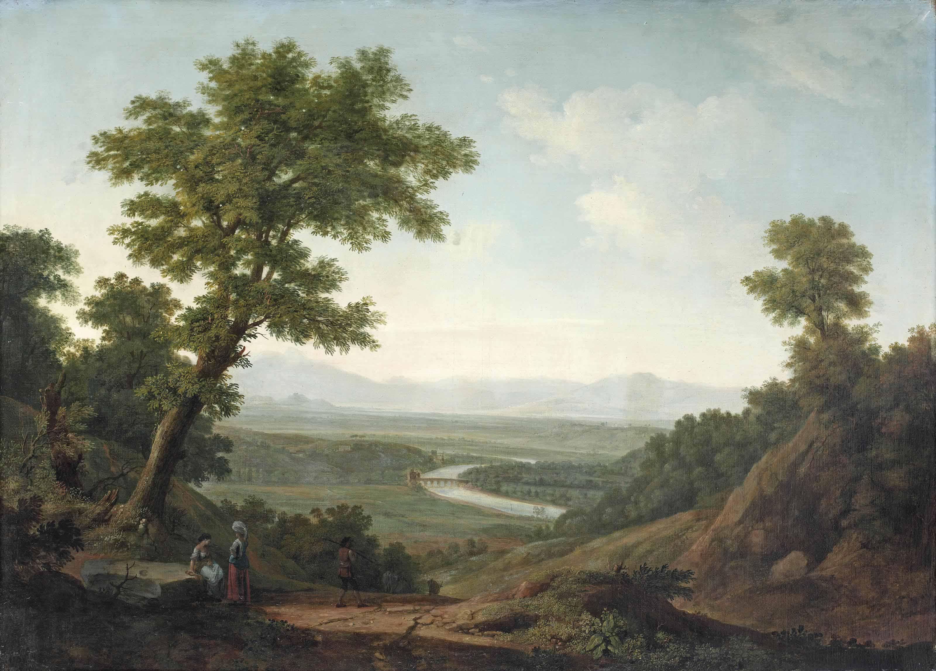 An extensive mountainous landscape with two women conversing and a cowherd with his cattle, a river in a valley beyond