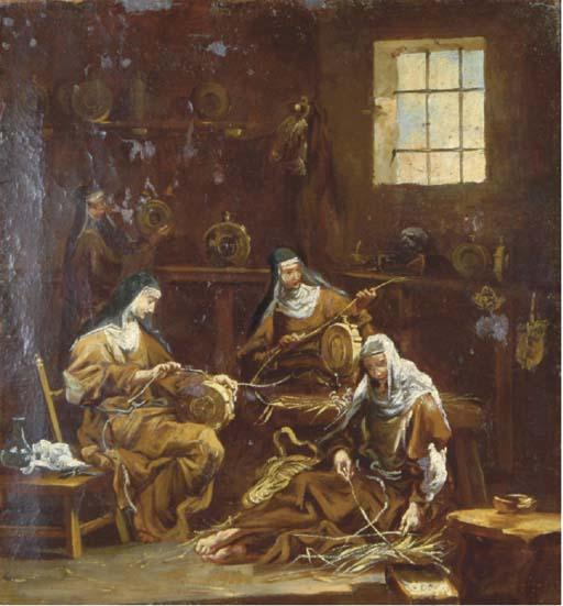 An interior with monks resting by a fire; and An interior with nuns