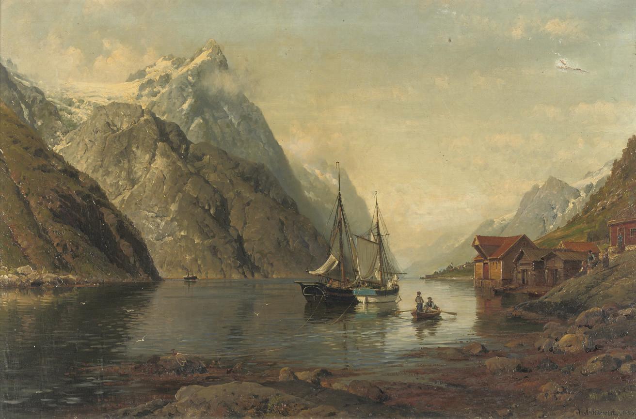 Anders Monsen Askevold - Anchored sailing-vessels in a fjord