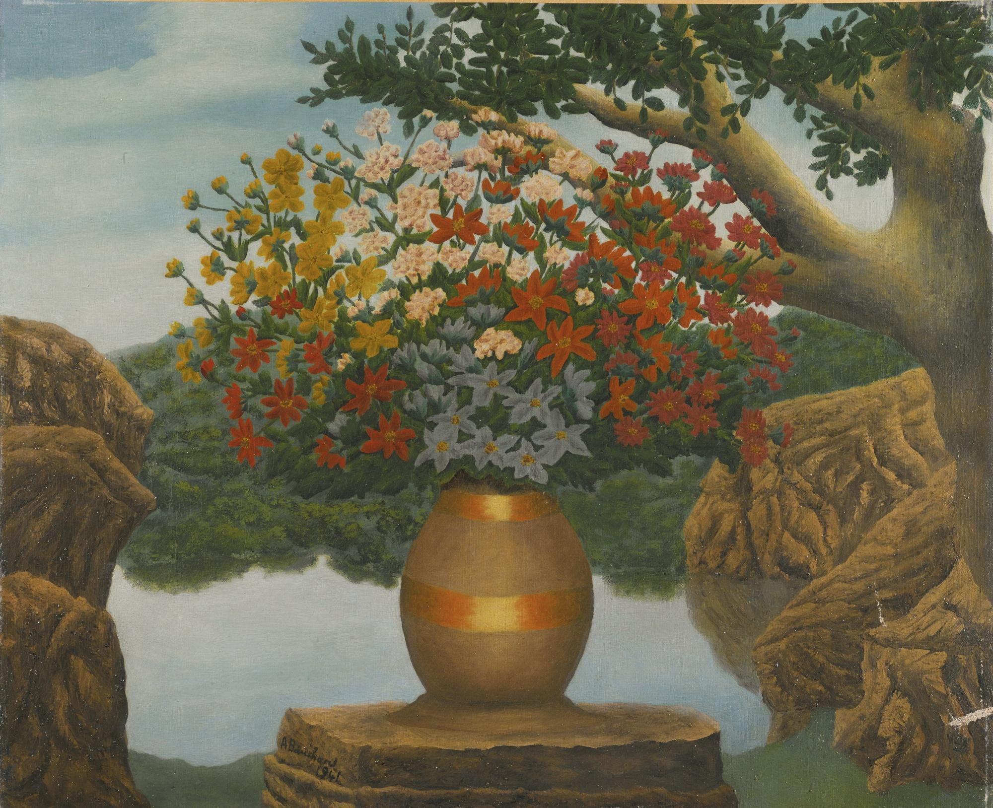 André Bauchant - Vase De Fleurs Sur Un Rocher (Vase De Fleurs Dans Un Paysage Lacustre)