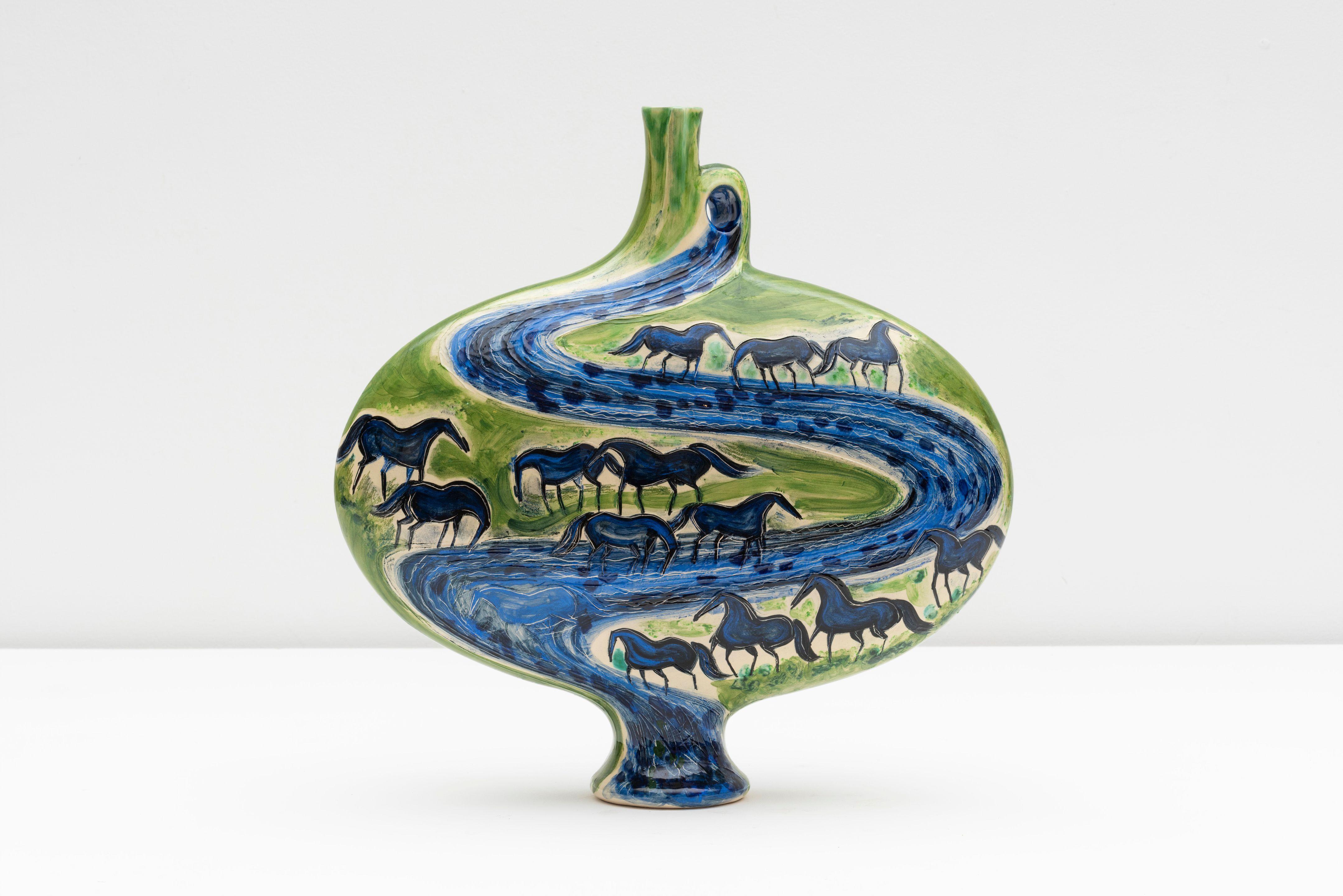 Andre Brasilier - Cavalcade, chevaux bleus au bord de la rivière