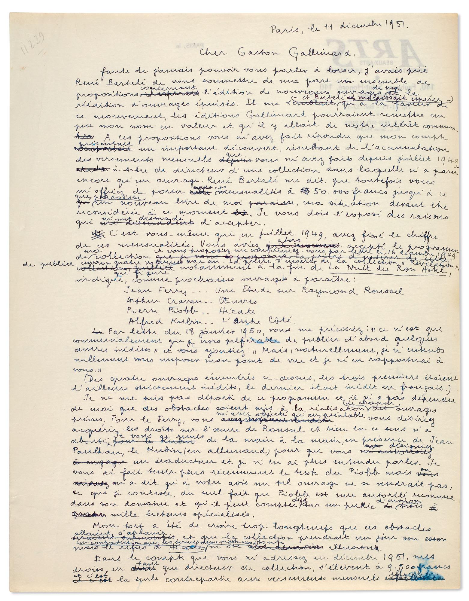 André Breton - Brouillon D’Une Lettre Autographe Signée À Gaston Gallimard