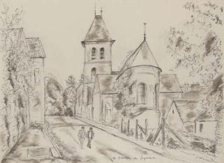 André Dunoyer de Segonzac - L\'église de Davron, deux personnages se promenant au premier plan