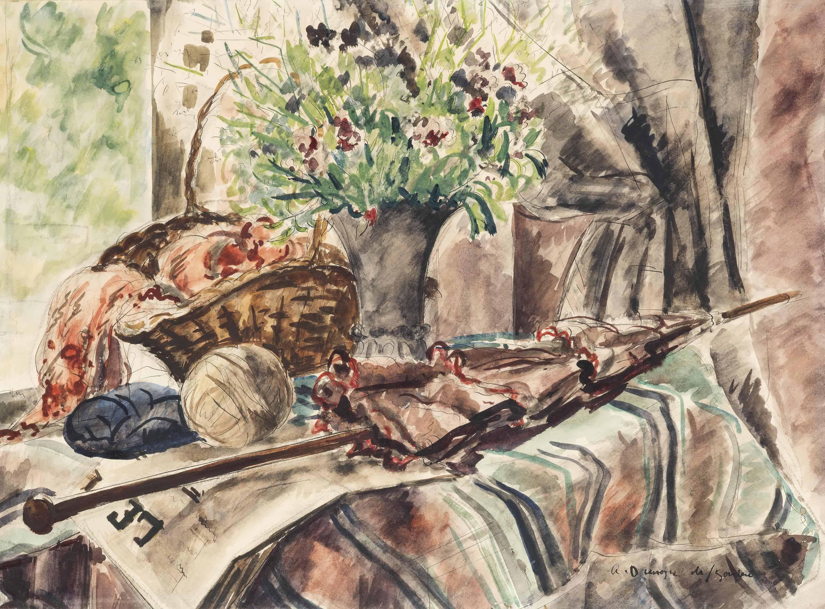 André Dunoyer De Segonzac - Nature morte à l\'ombrelle et aux pelotes de laine