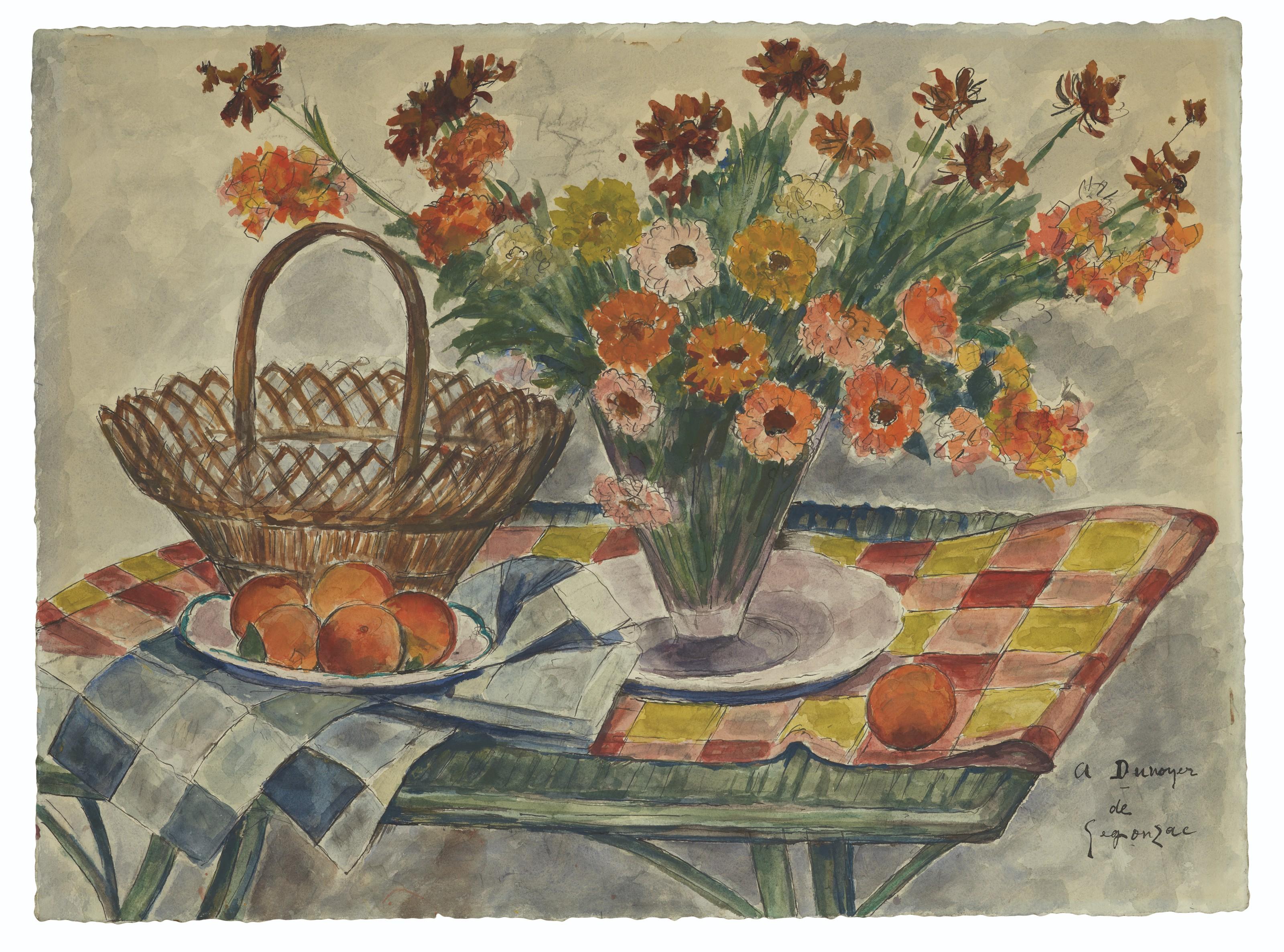 André Dunoyer de Segonzac - Nature morte aux fleurs et panier de fruits