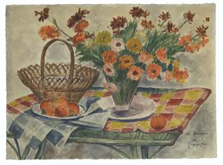 André Dunoyer de Segonzac - Nature morte aux fleurs et panier de fruits