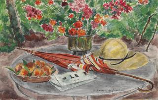 André Dunoyer de Segonzac - Vase de fleurs, assiette de pêches, ombrelle et le Figaro