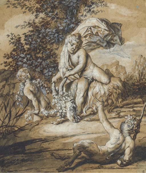 André Dutertre - Deux Puttti Jouant Avec Une Chèvre, Un Bébé Satyre Au Premier Plan