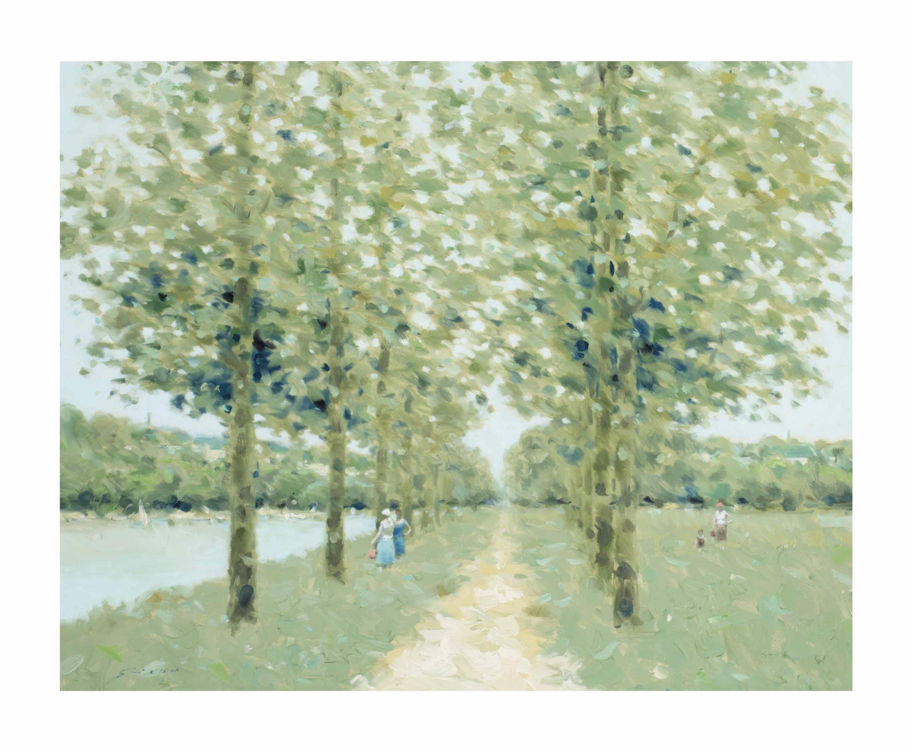 André Gisson - Figures beside a tree-lined path
