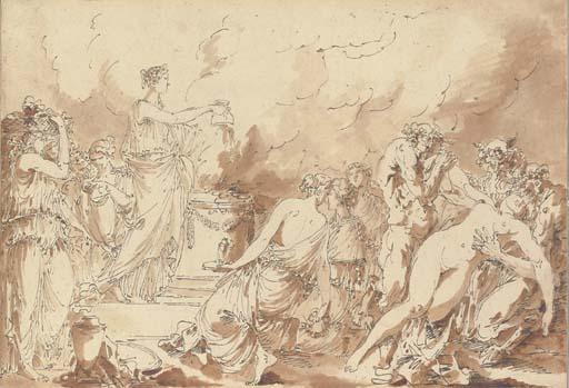 André-Jean Le Brun - A vestal virgin pouring oil on an altar, with satyrs surrounding a nude woman in the foreground