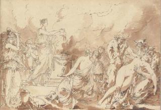 André-Jean Le Brun - A vestal virgin pouring oil on an altar, with satyrs surrounding a nude woman in the foreground