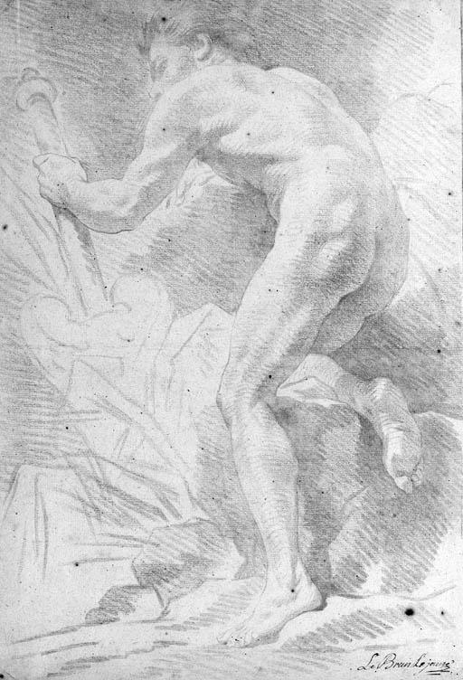André Le Brun - A nude seen from behind holding a staff